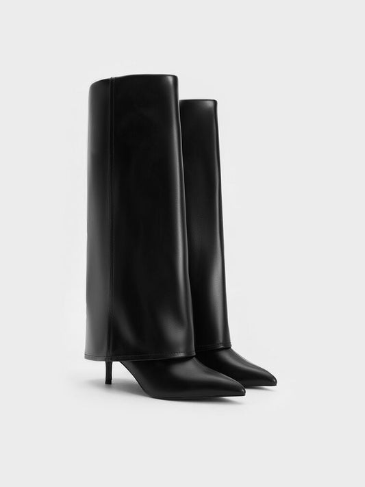 Fold-Over Pointed-Toe Knee-High Boots